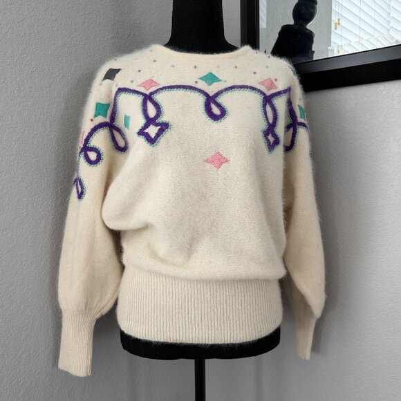 Vintage 80s Pastel Angora Geometric Sweater Cream Ivory Large - Picture 2 of 12